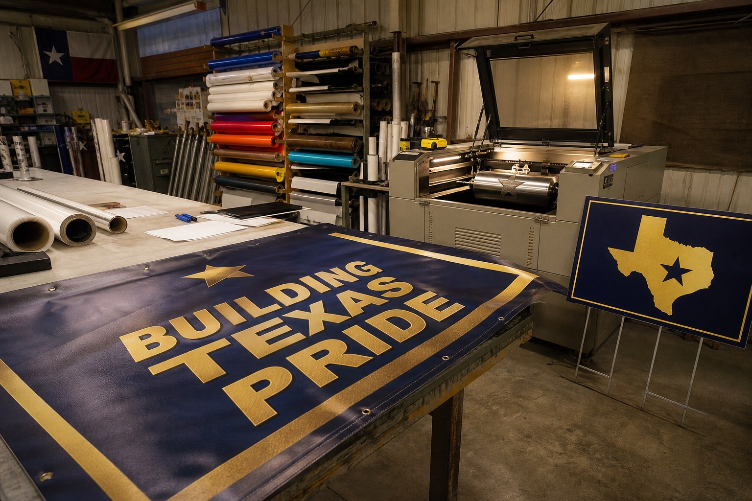 Shop bay with a navy Building Texas Pride banner on the bench and a laser engraver at work