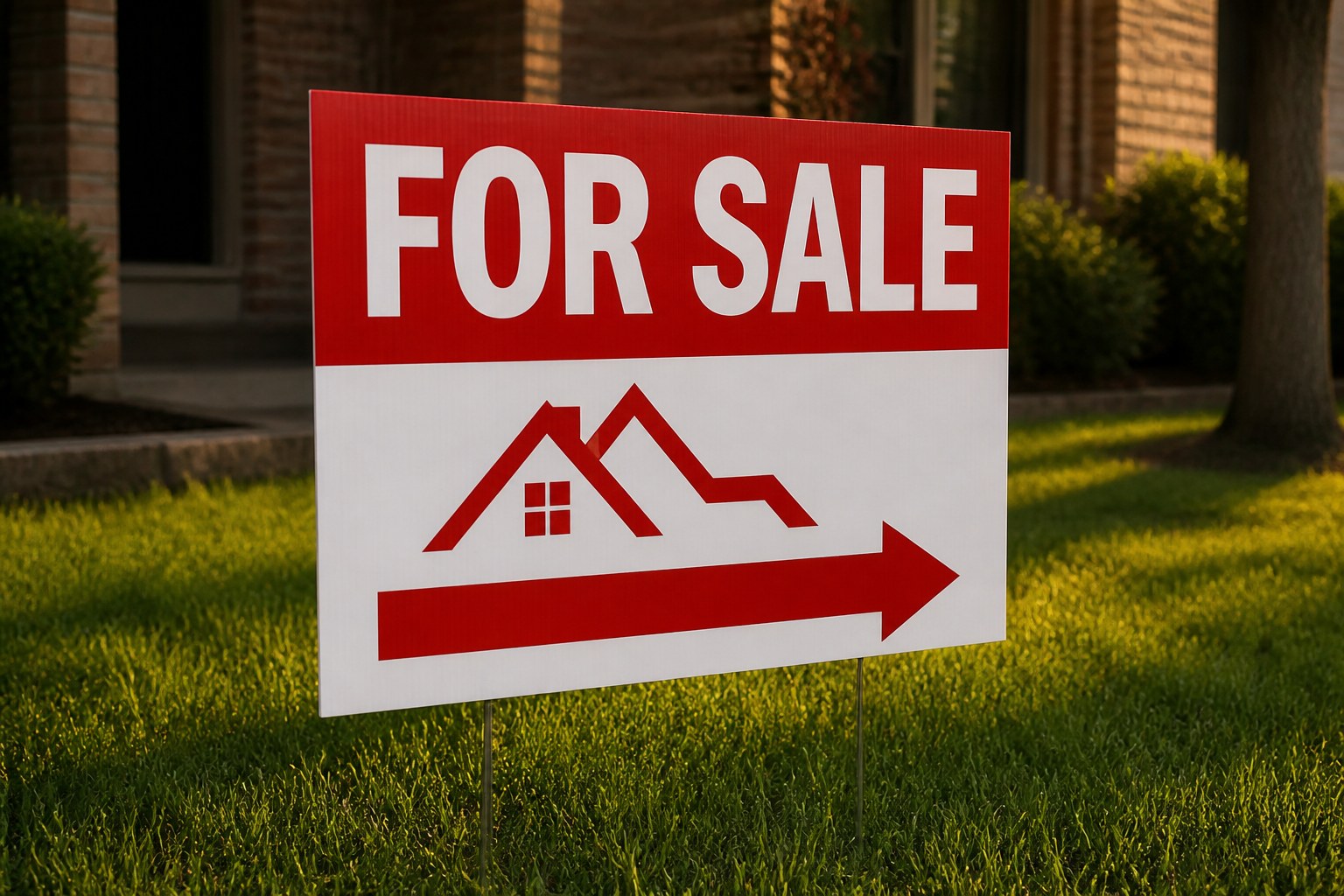 Red and white For Sale yard sign on metal stakes